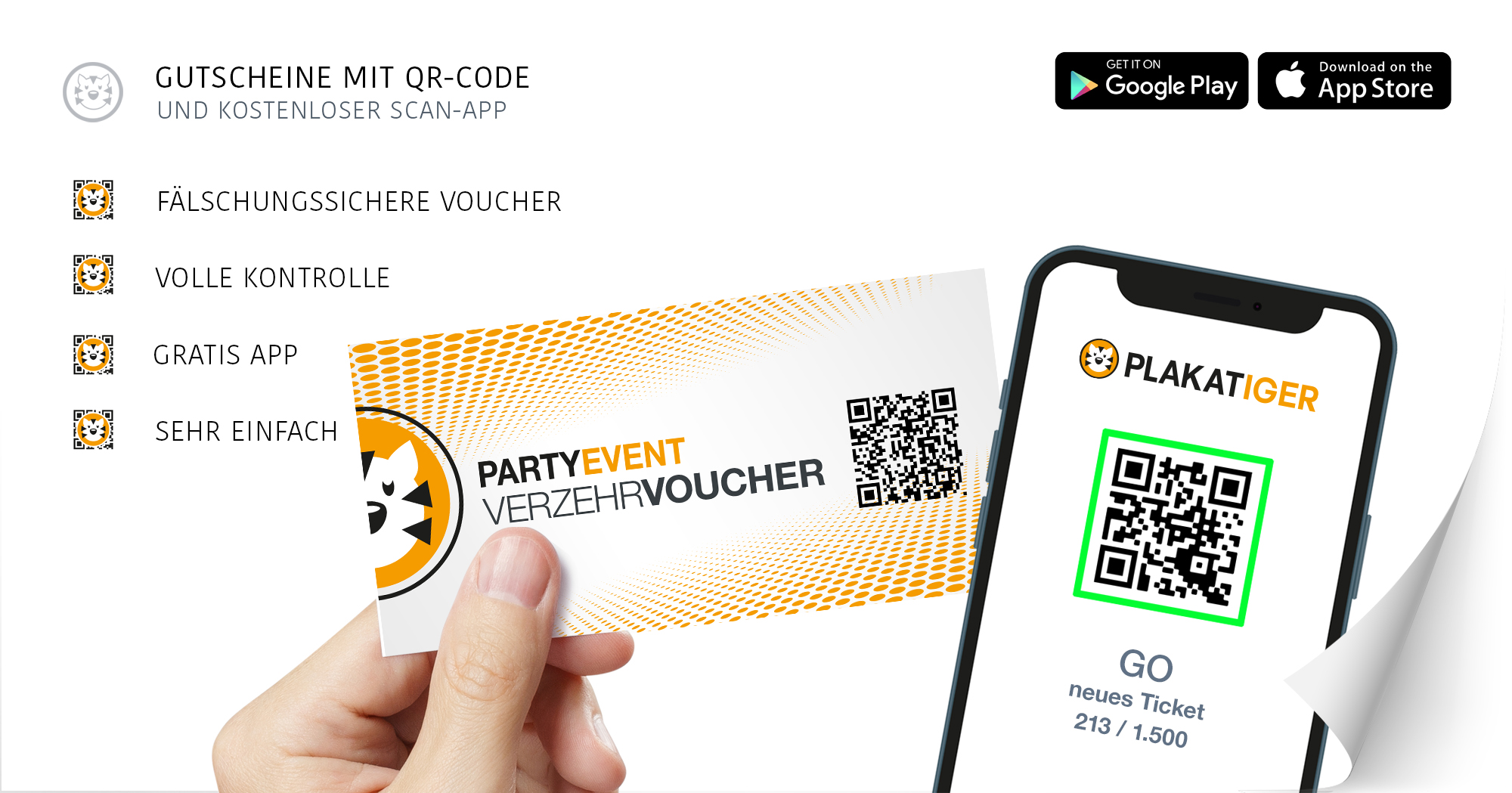 Print und EVoucher mit QRCode QRGutscheine mit ScanApp QRTickets Plakatiger